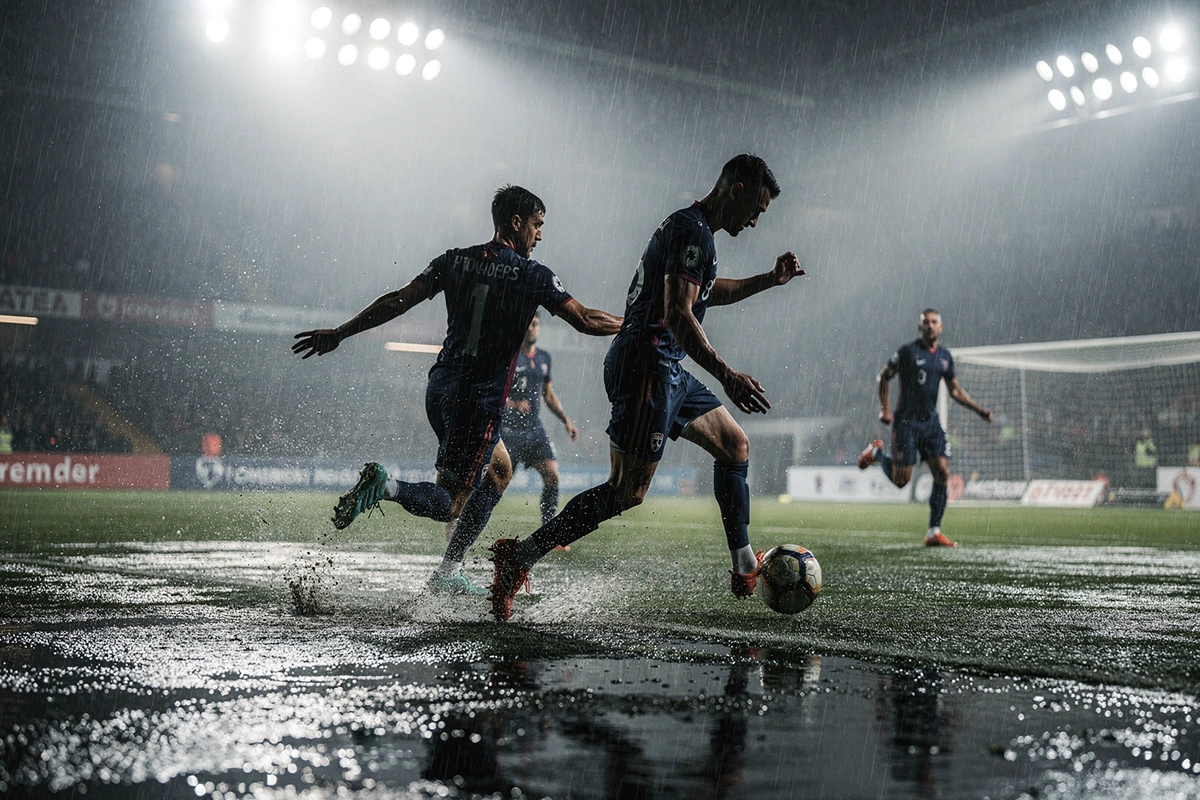Fußballspiel bei Regen unter Flutlicht mit glänzendem Rasen