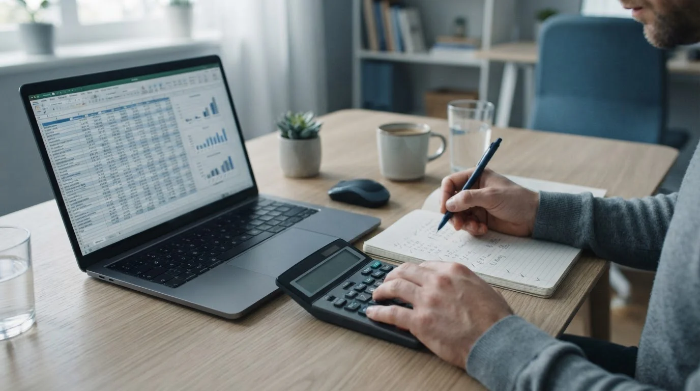 Hände an Taschenrechner vor Laptop mit Tabellenkalkulation, Gebührenberechnung im Detail