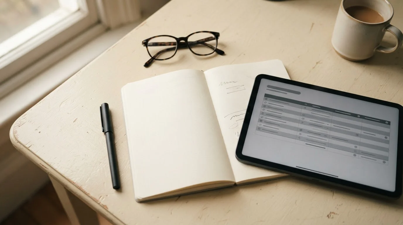 Overhead-Ansicht eines aufgeklappten Notebooks mit Vergleichstabelle verschiedener Wettanbieter
