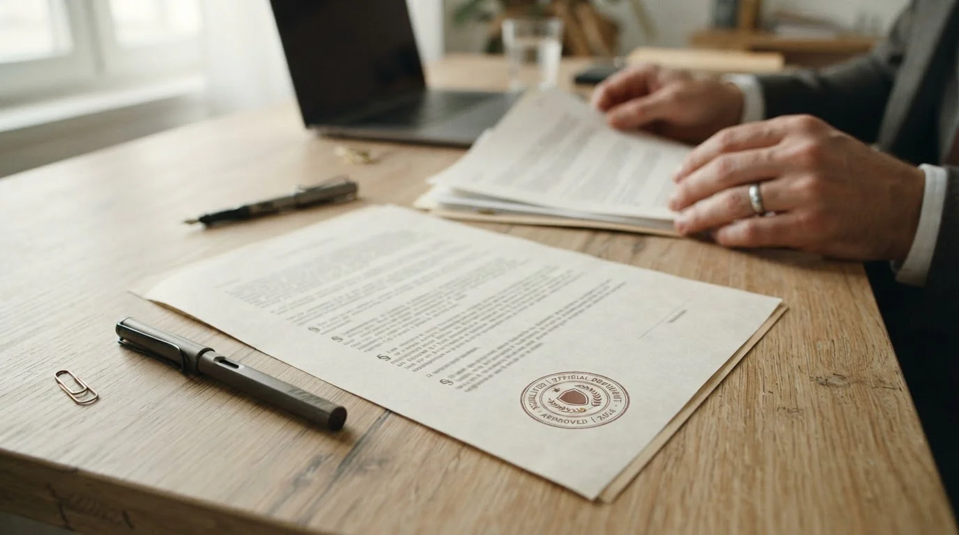 Dokument mit Paragrafenzeichen und Stempel auf hellem Schreibtisch