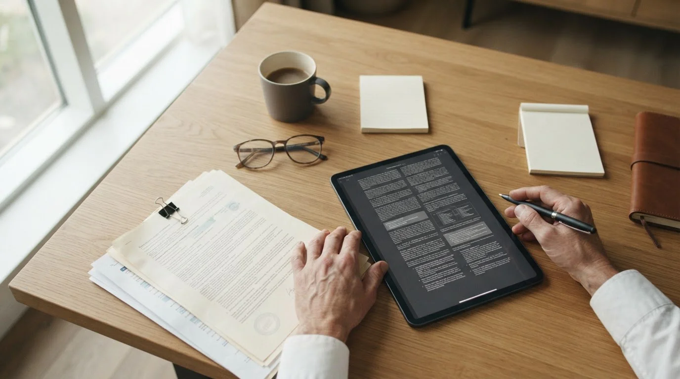 Dokumente und Tablet mit Gesetzestext auf Schreibtisch, symbolisiert rechtliche Rahmenbedingungen