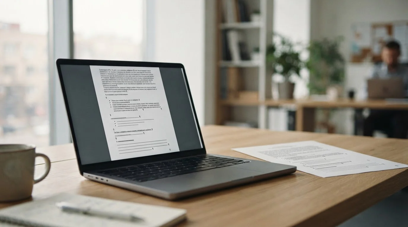 Dokument mit Paragrafenzeichen und Laptop auf neutralem Schreibtisch