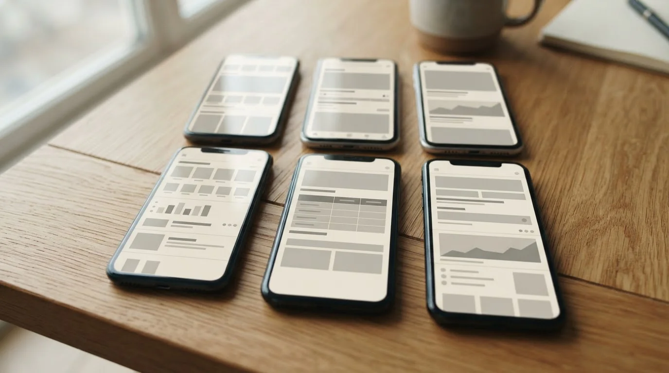 Verschiedene Smartphones nebeneinander mit abstrakten App-Oberflächen