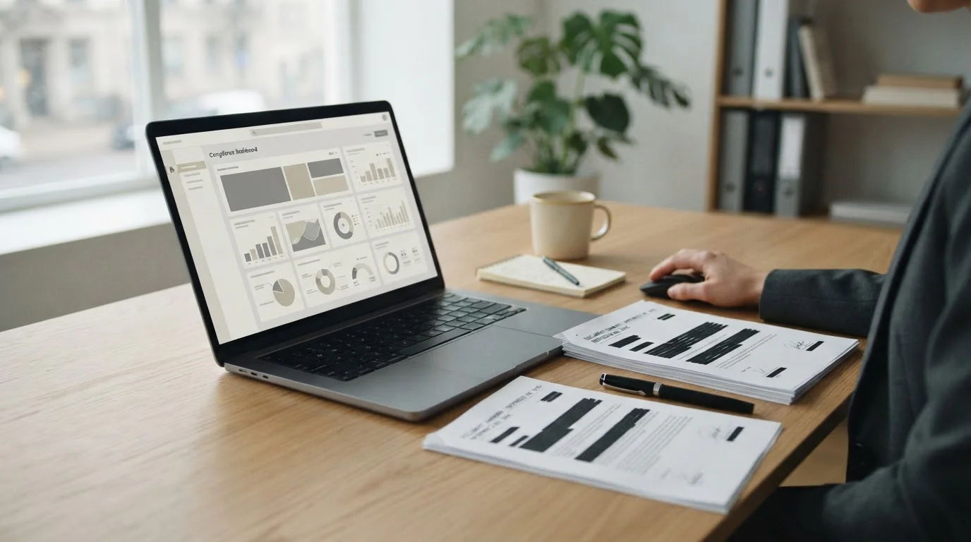 Regulierungsdokumente und Laptop mit abstrakten Compliance-Daten auf einem Bürotisch