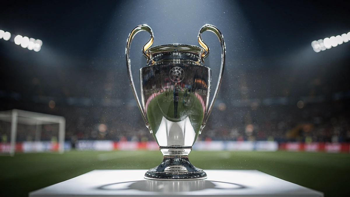 Champions-League-Pokal im Rampenlicht mit Stadionsilhouette im Hintergrund