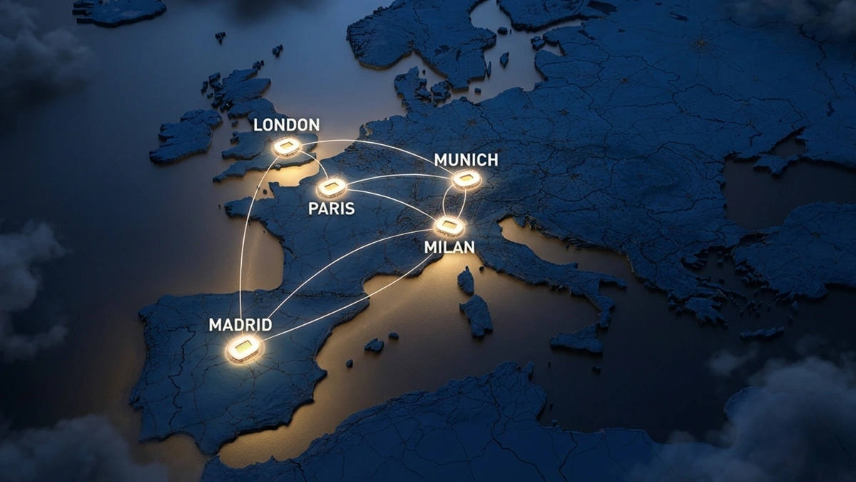 Europakarte mit leuchtenden Punkten an Stadionstandorten während eines Champions-League-Abends
