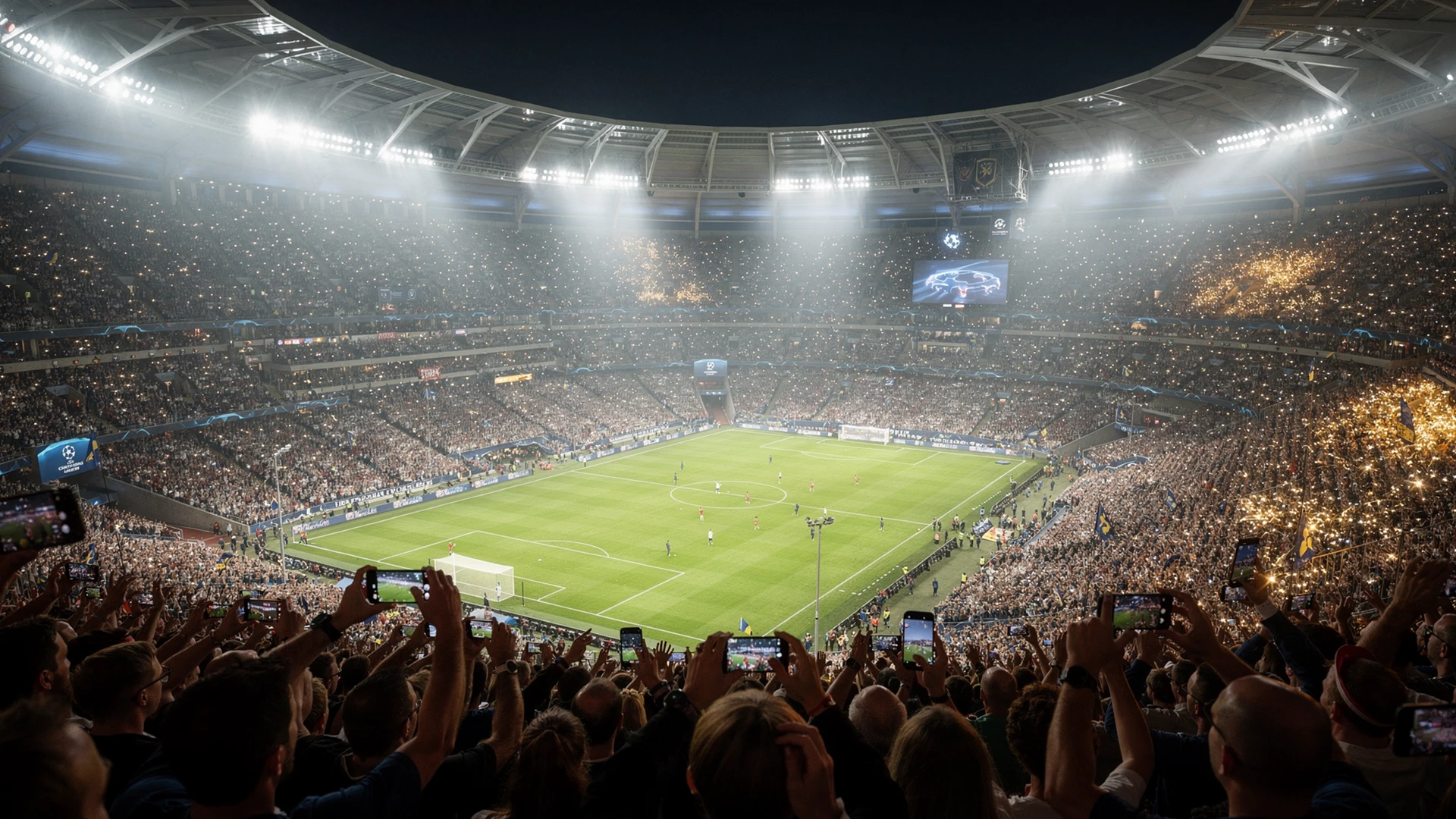 Beleuchtetes Champions League Stadion bei Nacht mit dramatischer Atmosphäre