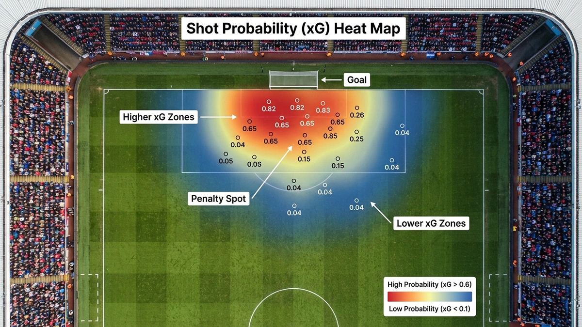 Fußballfeld von oben mit farbigen Markierungen für Torchancen-Positionen