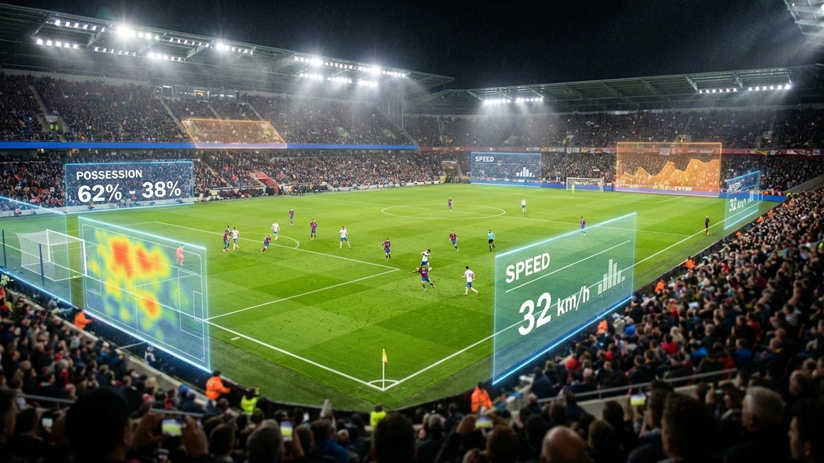 Fußballstadion bei Flutlicht mit digitalen Datenströmen über dem Spielfeld