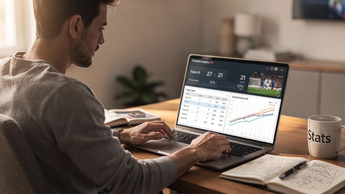 Person recherchiert Fußballstatistiken auf Laptop in entspannter Atmosphäre