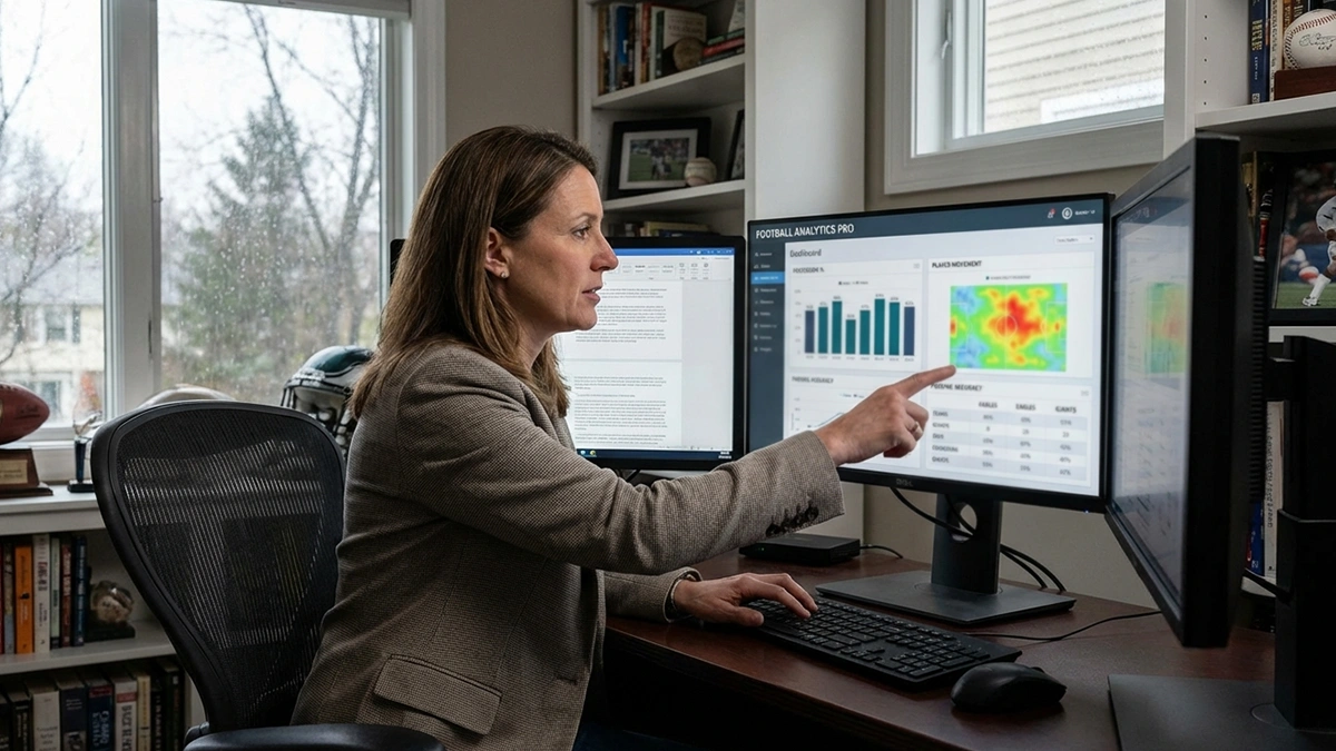 Analyst arbeitet am Computer mit Daten und Statistiken auf dem Bildschirm