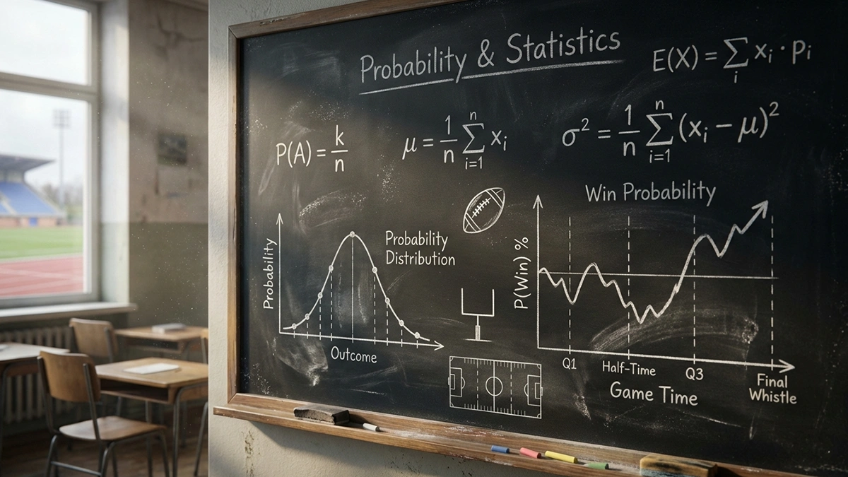 Mathematische Formeln und Fußballsymbole auf einer Tafel kombiniert
