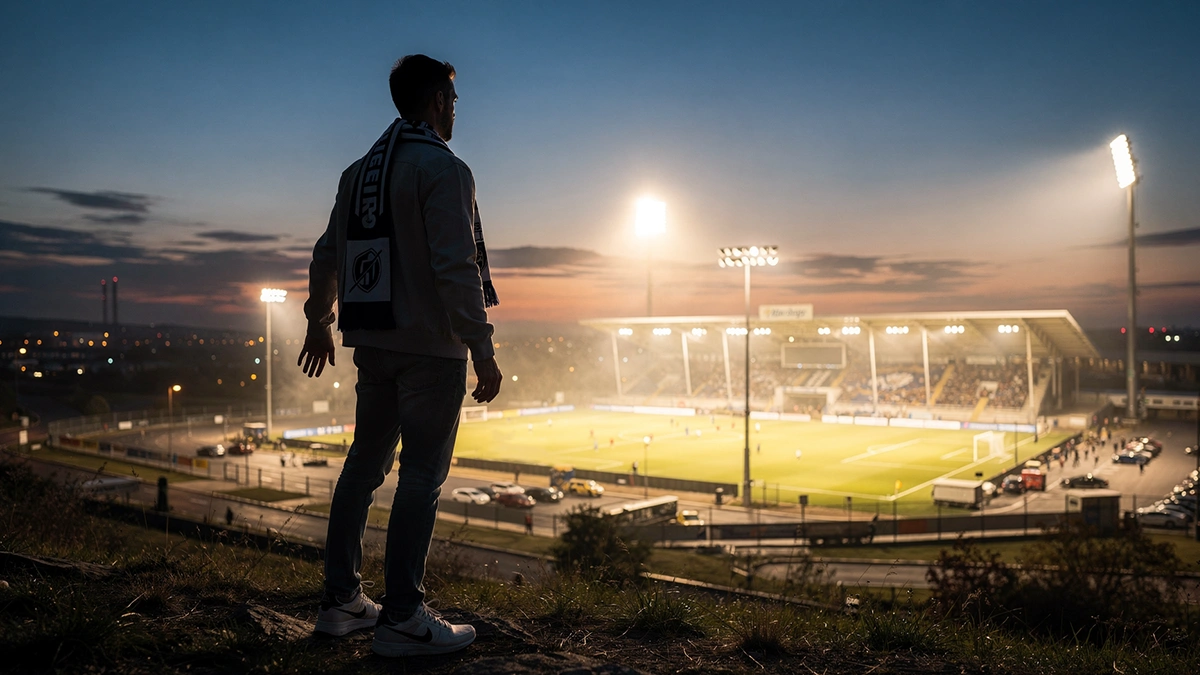 Fußballfan schaut abends auf ein beleuchtetes Stadion in der Ferne