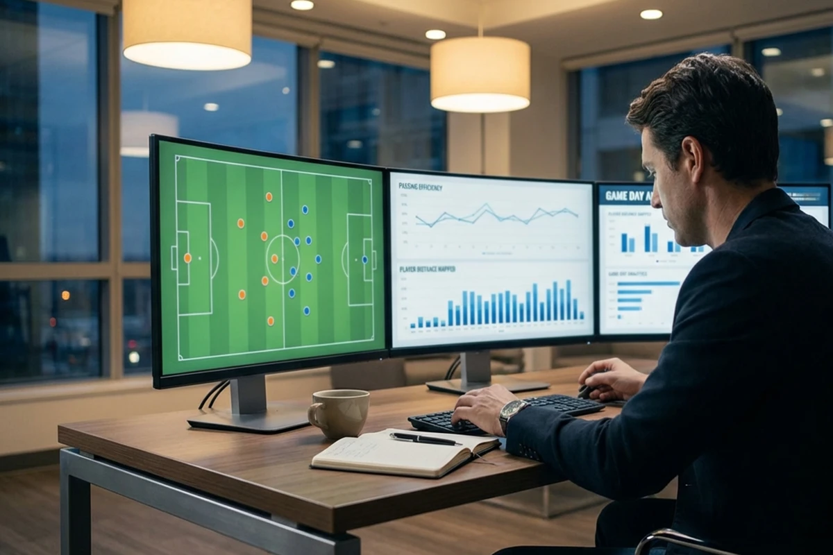 Analyst bei der Auswertung von Fußballdaten an mehreren Bildschirmen