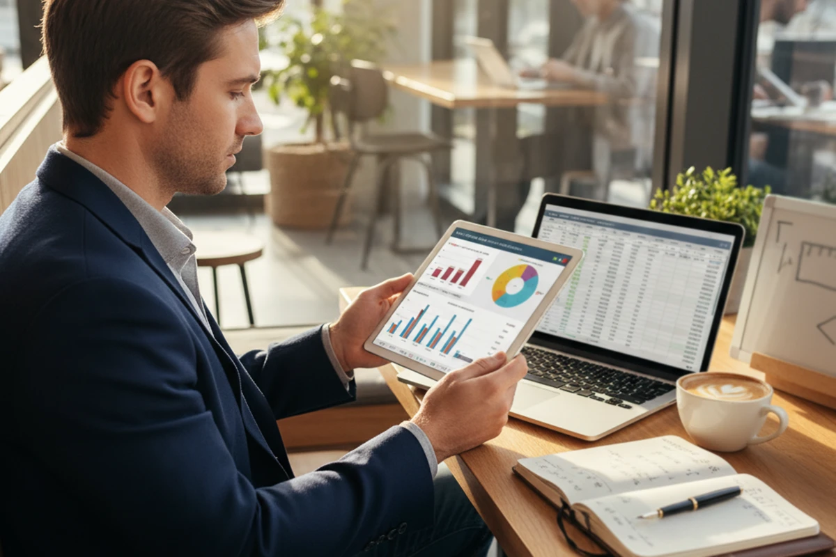 Person analysiert Fußballstatistiken auf Tablet in modernem Büro