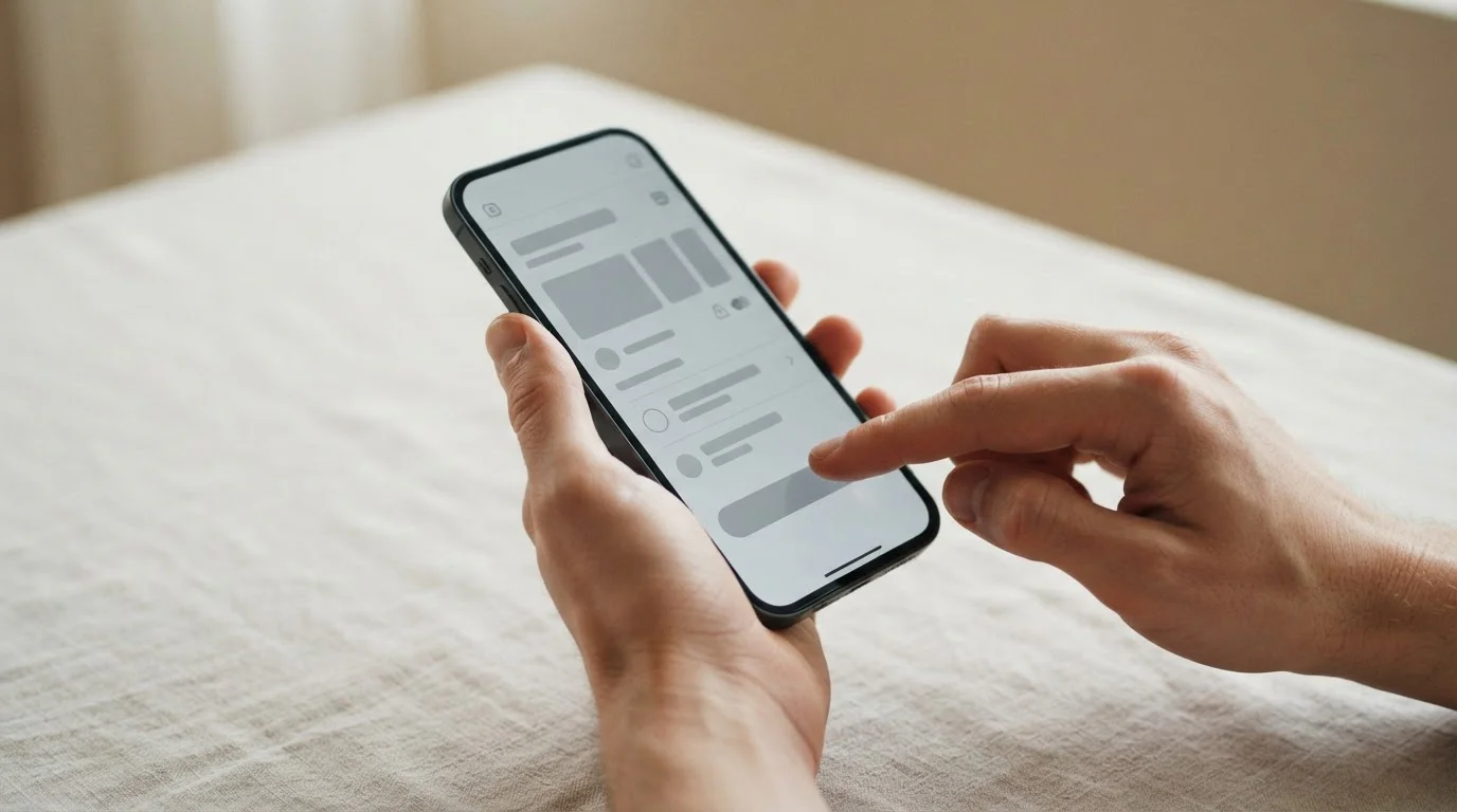 Hände bedienen ein Smartphone während einer Klarna-Zahlung auf neutralem Hintergrund