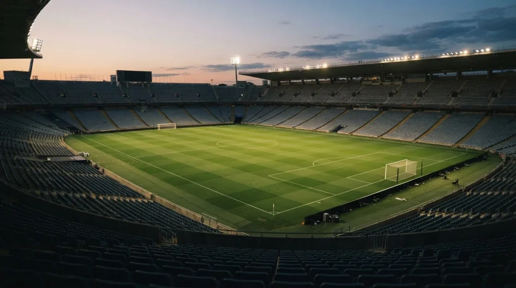 Fußballstadion bei Abenddämmerung mit Blick auf leeres Spielfeld
