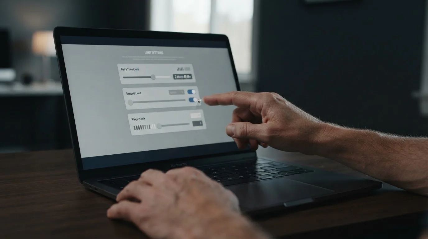 Nahaufnahme von Händen, die Einstellungen für Einzahlungslimits an einem Laptop vornehmen