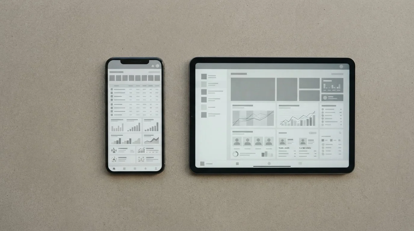 Smartphone und Tablet nebeneinander auf Tisch, Bildschirme zeigen abstrakte Sport-Interface-Elemente