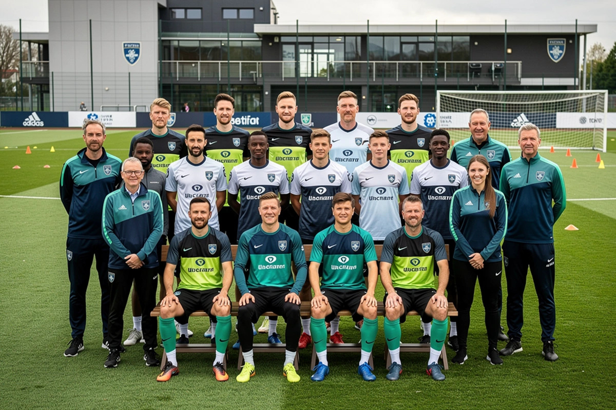 Fußballmannschaft versammelt auf dem Trainingsplatz für ein Teamfoto