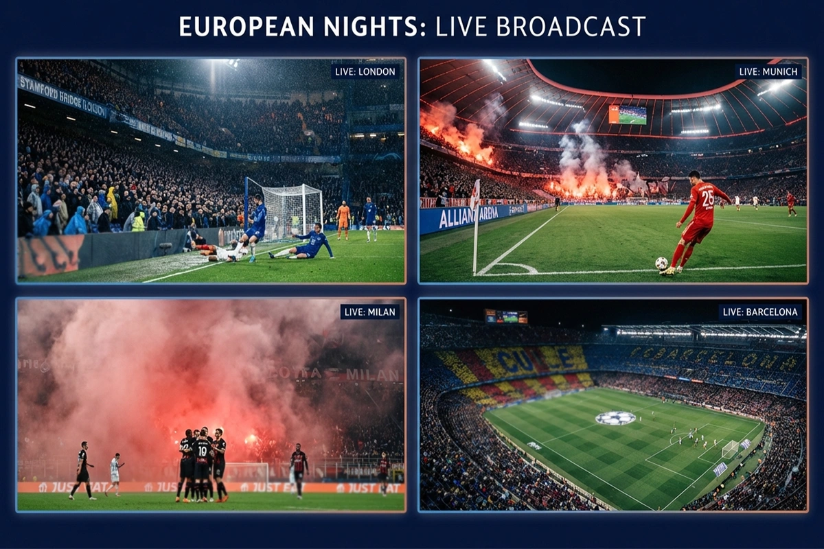 Splitscreen-Ansicht mehrerer Fußballstadien während gleichzeitiger Champions-League-Spiele