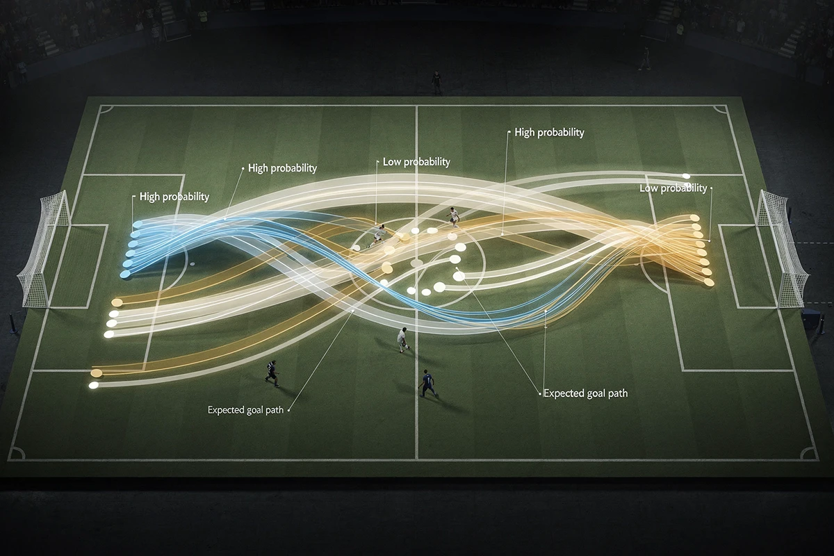 Visualisierung einer Monte-Carlo-Simulation mit Wahrscheinlichkeitspfaden auf einem Fußballfeld