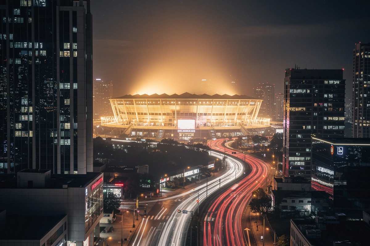 Nächtliche Stadtsilhouette mit beleuchtetem Fußballstadion am Horizont