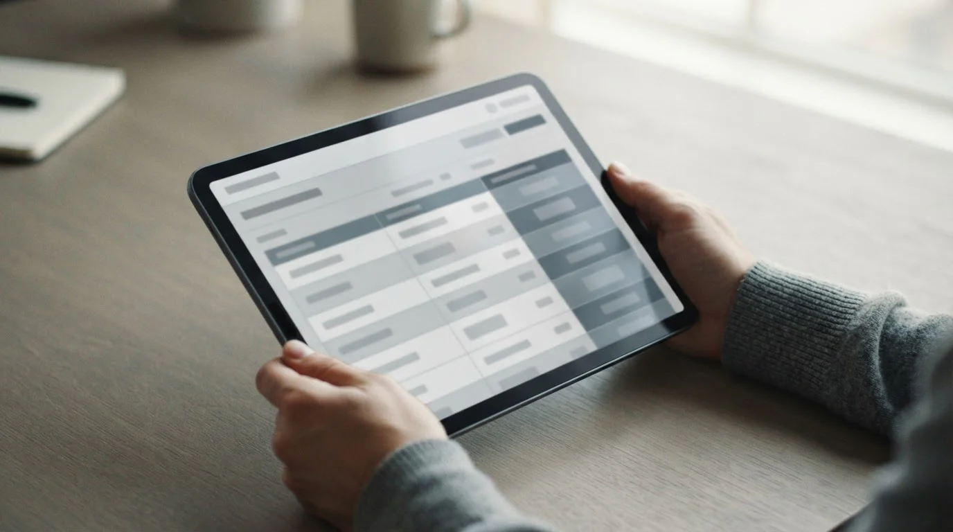Vergleichstabelle auf Tablet-Bildschirm mit abstrakten Zeilen und Spalten
