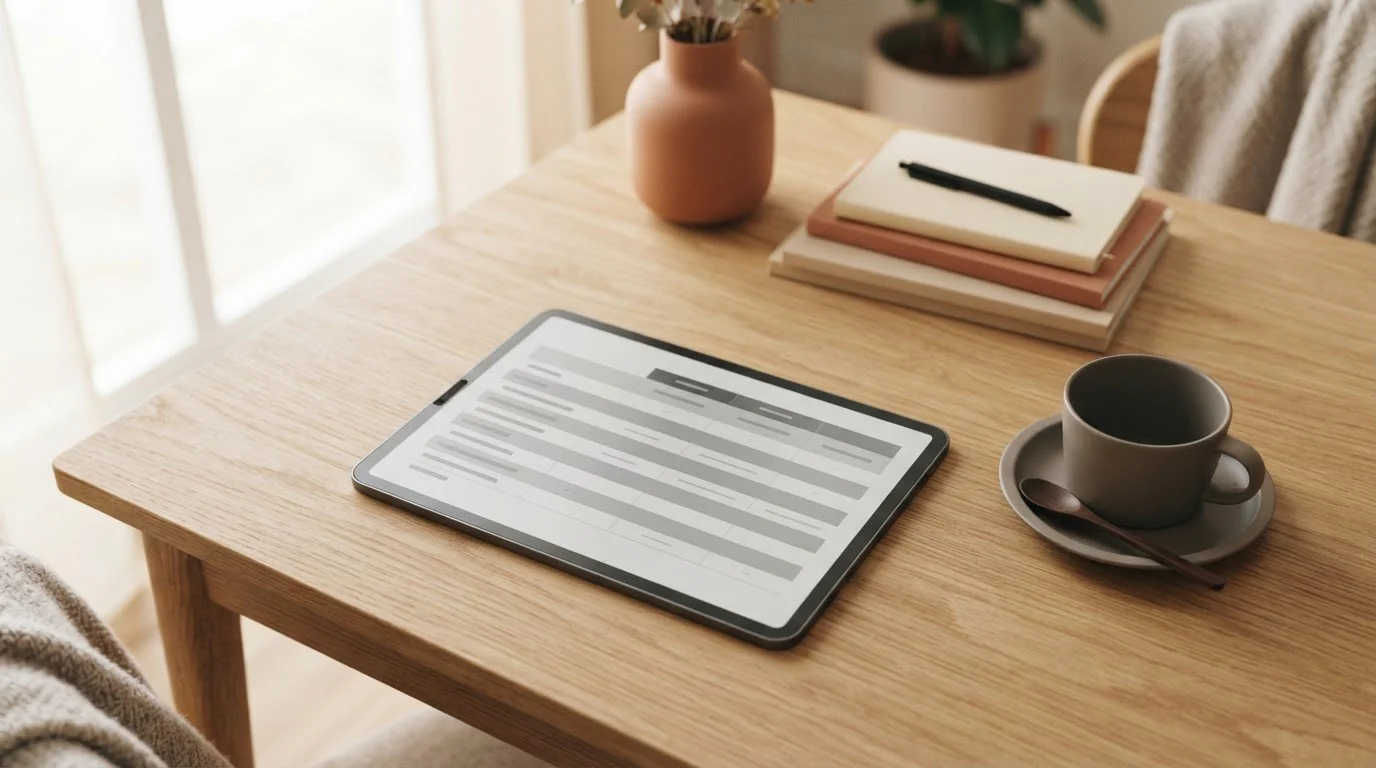 Tablet mit neutraler Vergleichstabelle auf Holztisch neben Kaffeetasse