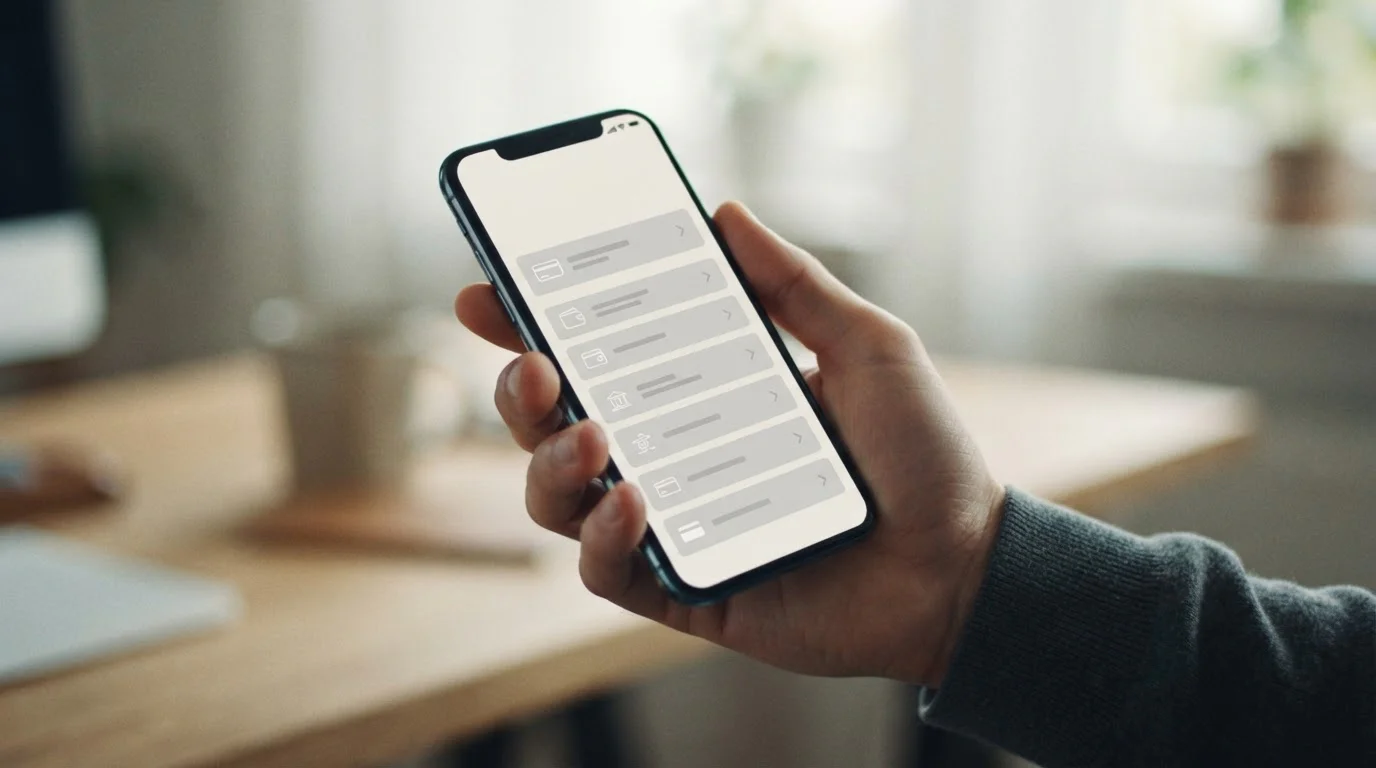 Smartphone mit neutraler Wett-App und einer Übersicht möglicher Zahlungswege