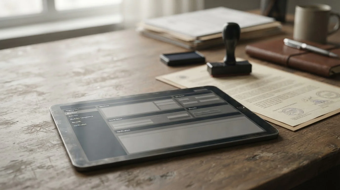 Tablet mit abstraktem Regulierungs-Interface und Stempel im Hintergrund
