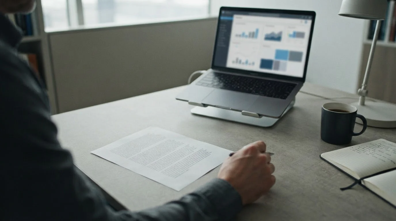 Dokument mit Gesetzestext und Laptop auf Schreibtisch in gedämpftem Licht