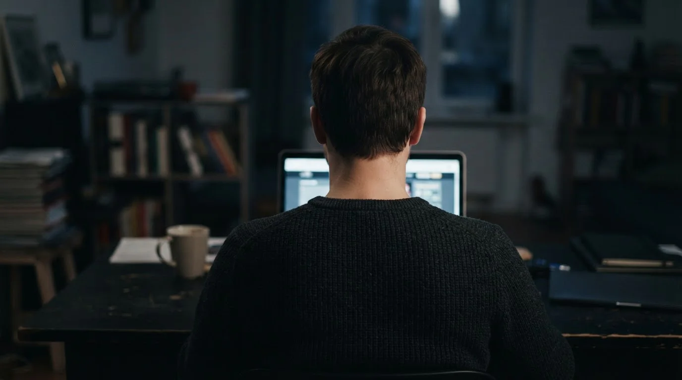 Person vor Laptop in gedämpftem Licht, Silhouette von hinten, ernste Stimmung