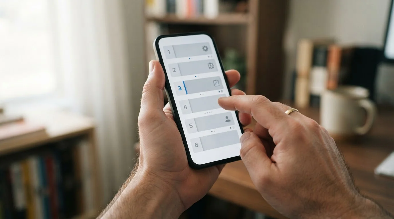 Hand bedient Smartphone mit mehrstufigem Zahlungsvorgang auf neutralem Interface