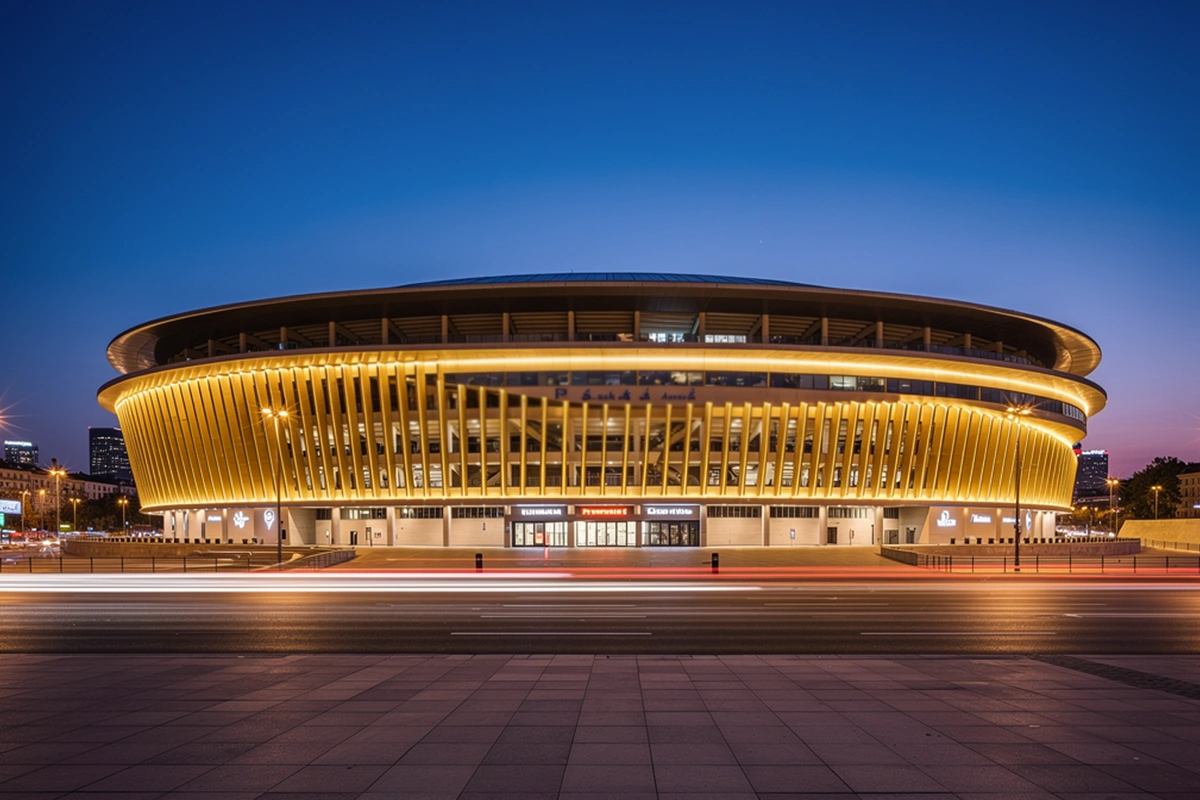 Außenansicht der Puskás Aréna in Budapest bei Abendbeleuchtung