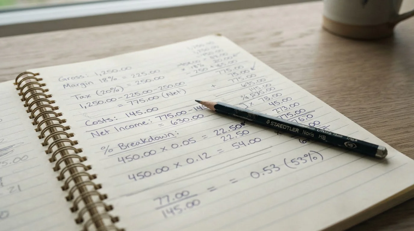 Nahaufnahme eines Notizblocks mit handschriftlichen Berechnungen zu Wettquoten, Marge und Steuer