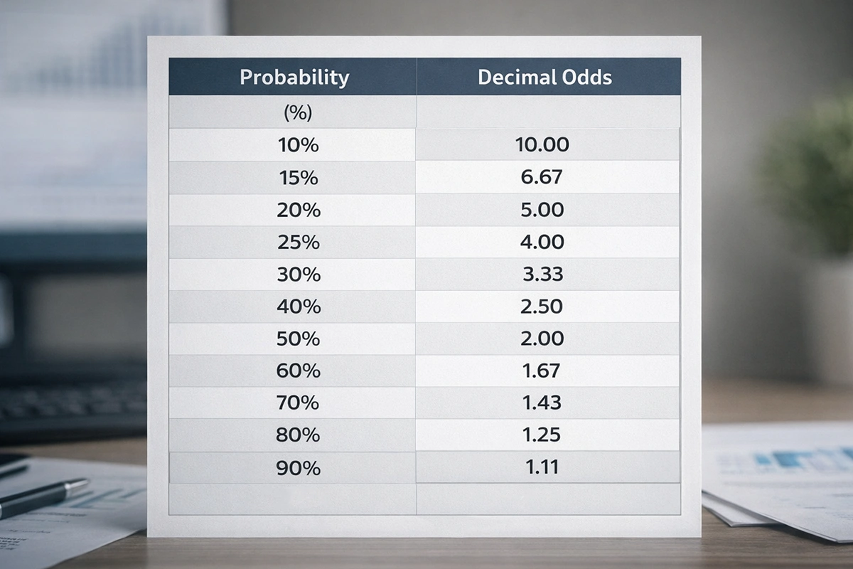 Tabelle zeigt Umrechnung zwischen Wahrscheinlichkeiten und Wettquoten