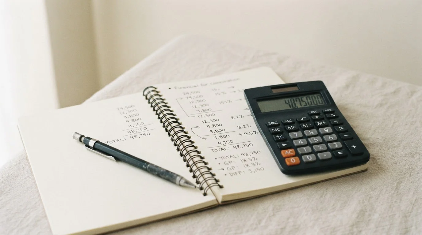 Taschenrechner und Notizblock mit handschriftlichen Berechnungen auf hellem Untergrund