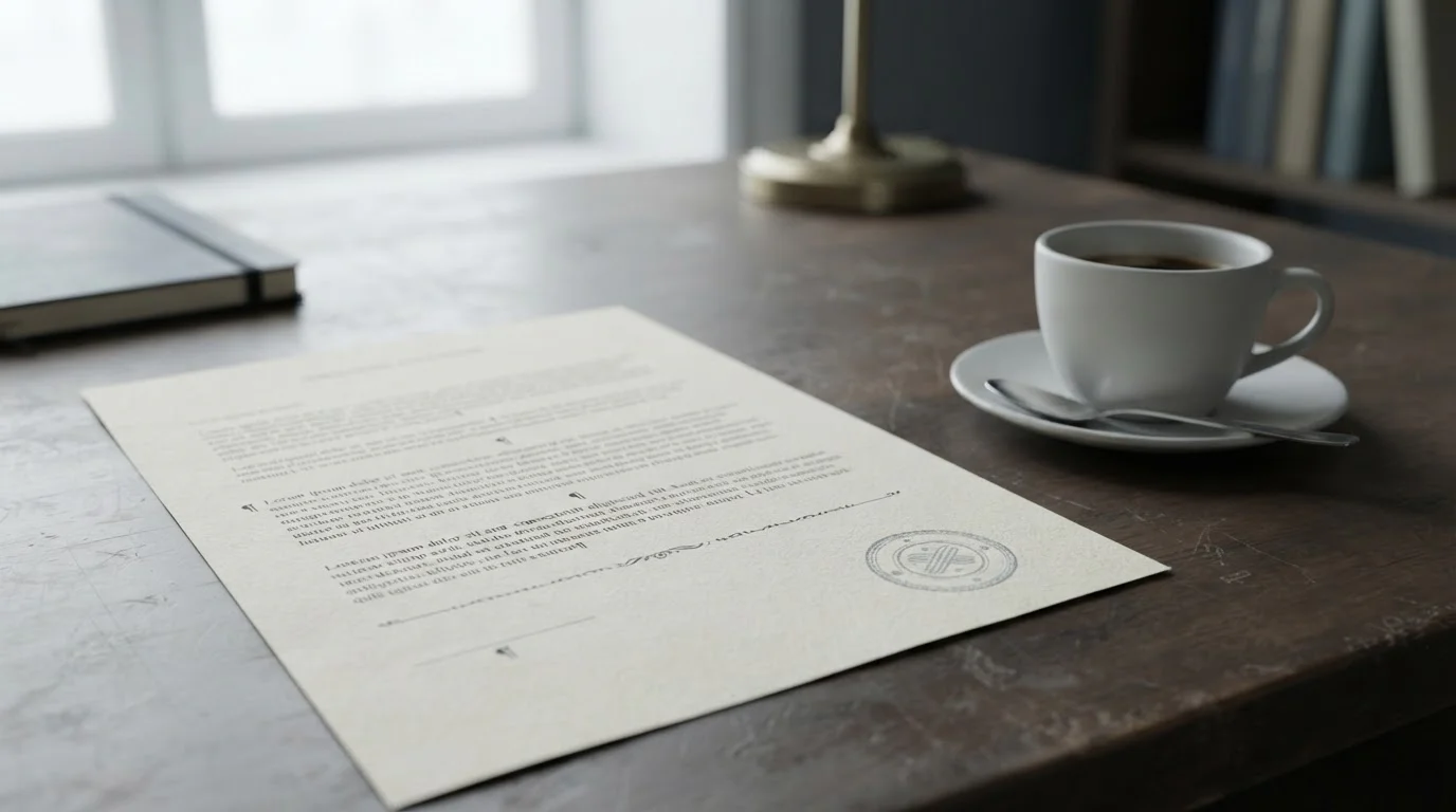 Dokument mit Paragraphenzeichen und Stempel auf Schreibtisch neben Kaffeetasse