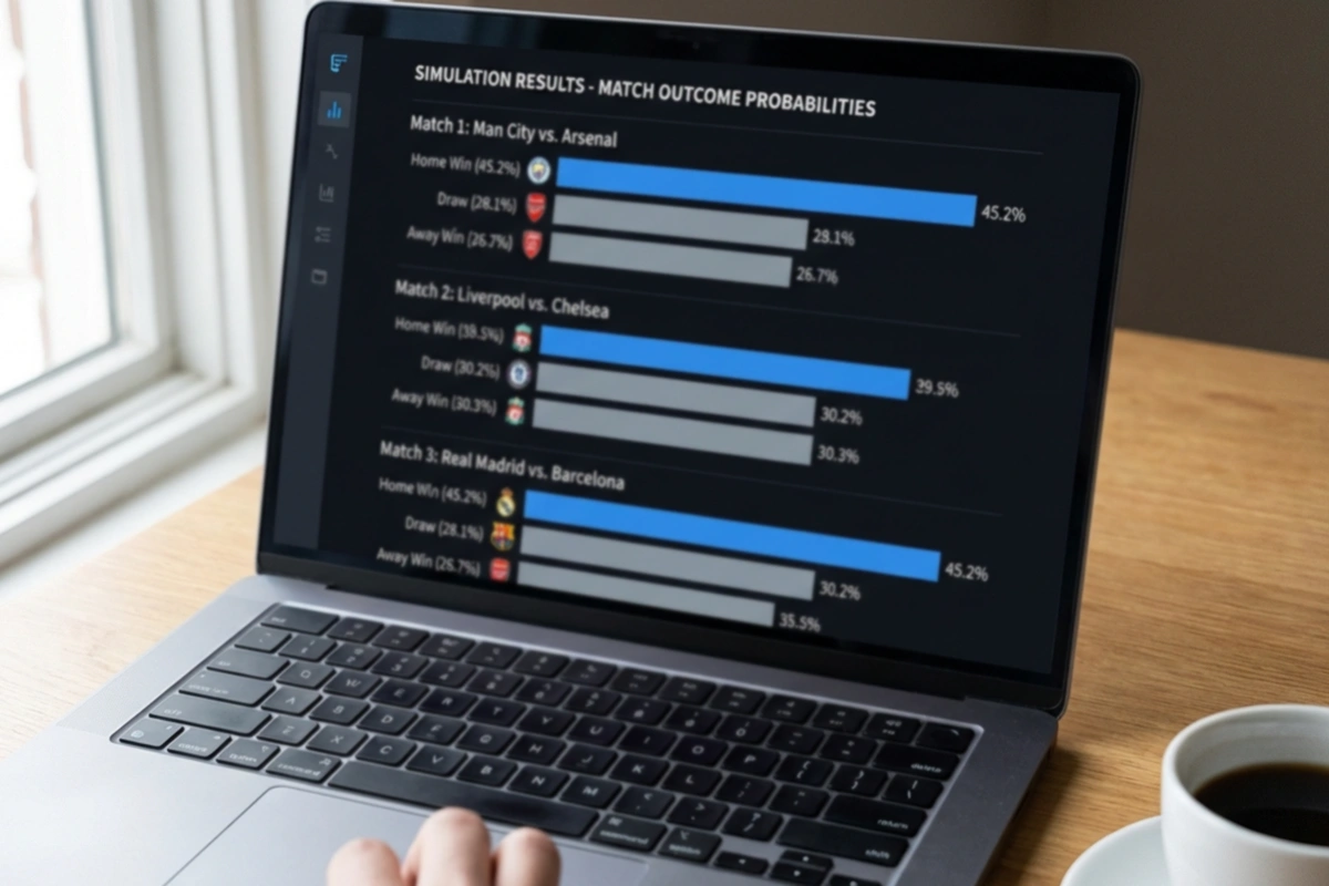 Laptop zeigt Simulationsergebnisse mit Wahrscheinlichkeitsverteilung