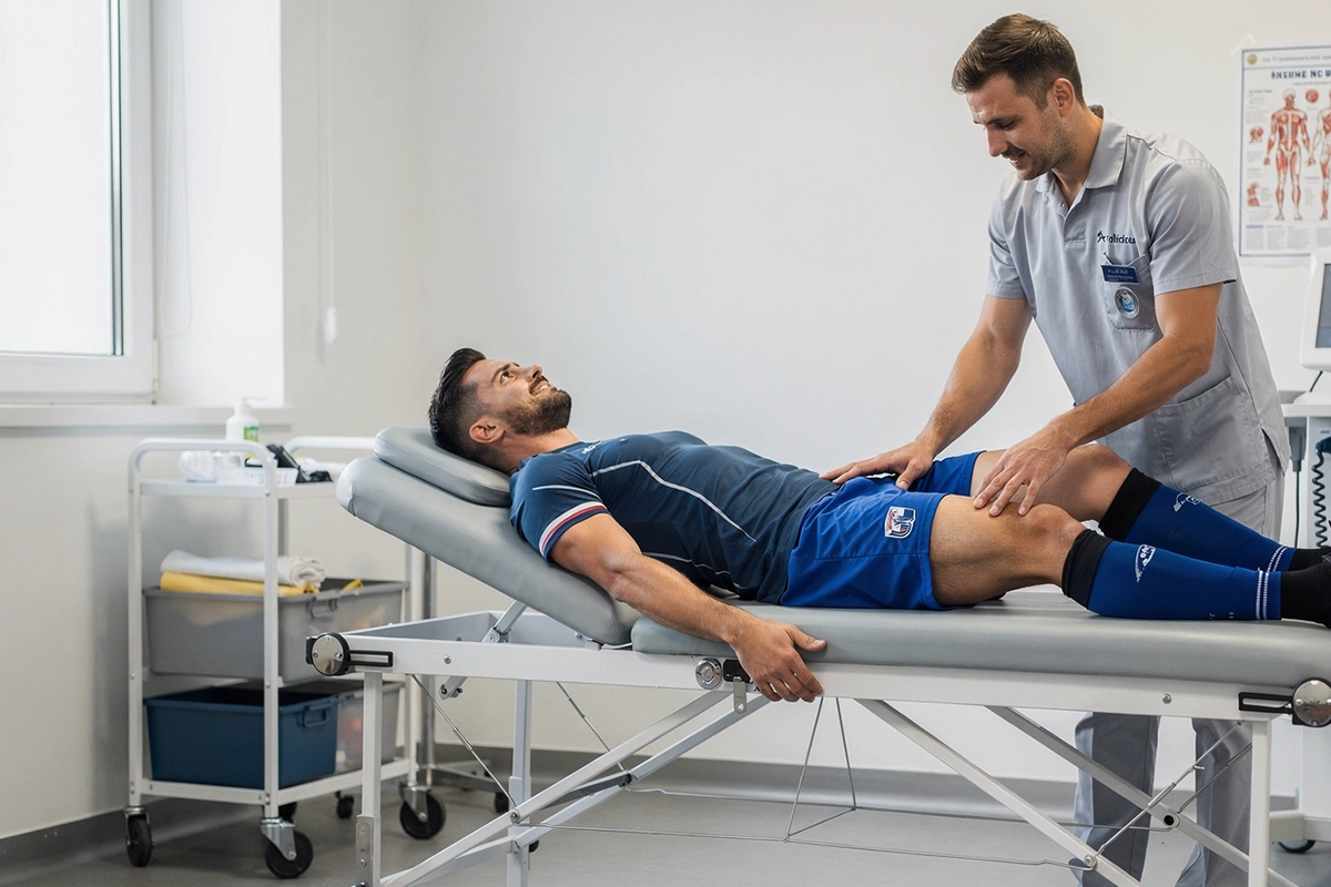 Fußballspieler erhält Physiotherapie-Behandlung auf der Behandlungsliege