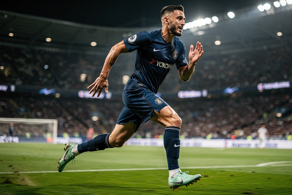 Fußballspieler sprintet mit hoher Intensität über das Spielfeld