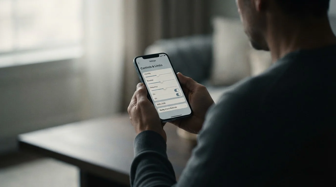 Person setzt Limit in neutraler Betting-App auf Smartphone, Ernst und Verantwortung im Fokus