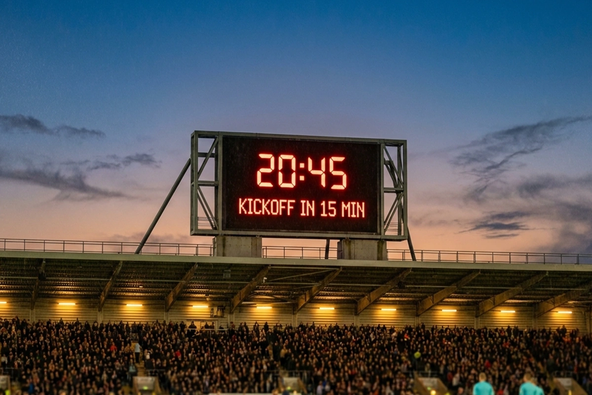 Große Stadionuhr zeigt Anstoßzeit kurz vor einem Abendspiel unter Flutlicht