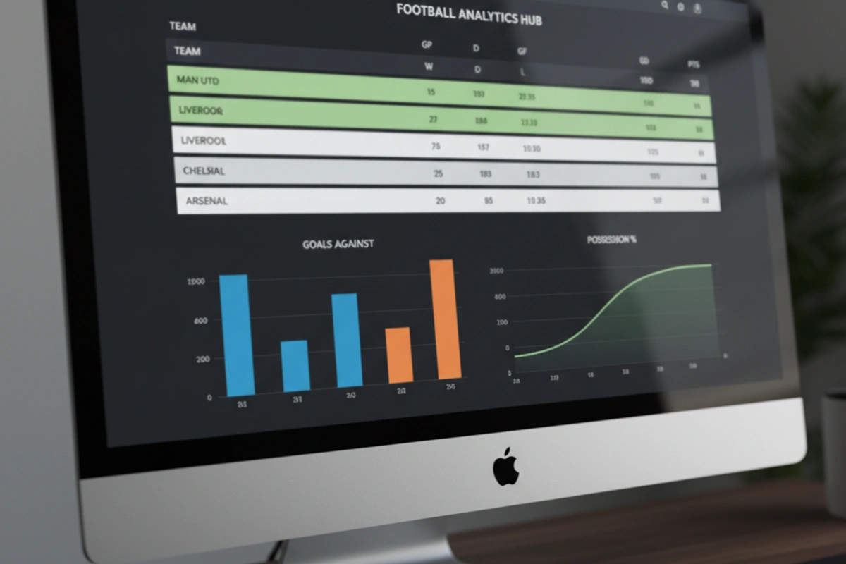 Computerbildschirm zeigt Fußballstatistik-Website mit Tabellen und Diagrammen