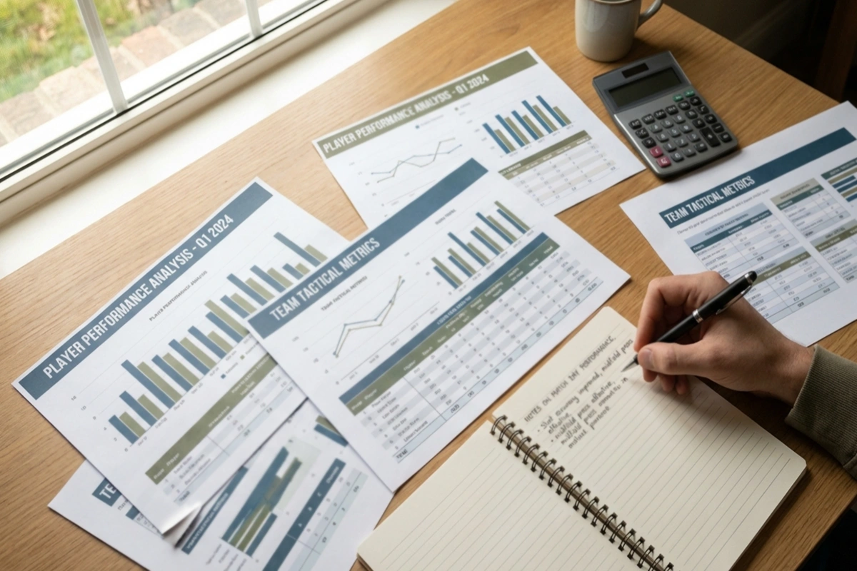 Arbeitsplatz mit statistischen Auswertungsdokumenten und Grafiken