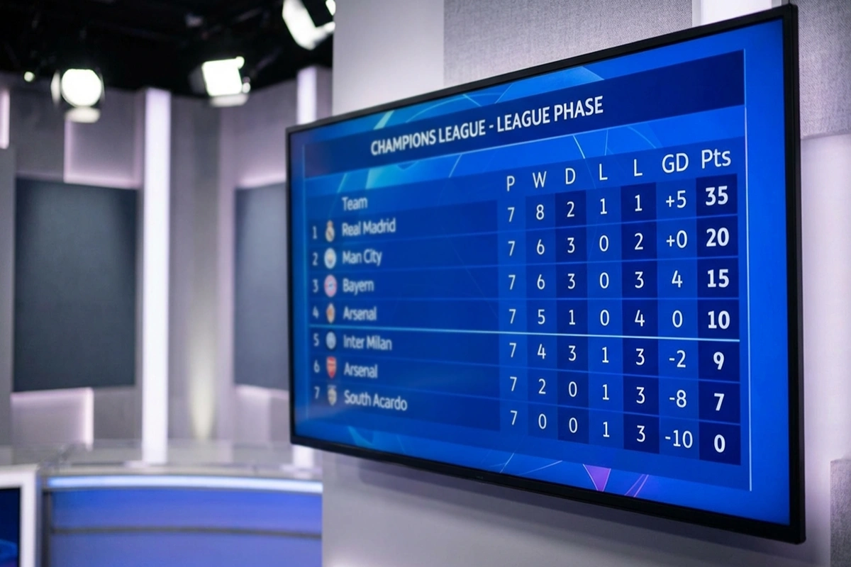 Digitale Anzeigetafel mit Champions-League-Tabelle und Mannschaftslogos