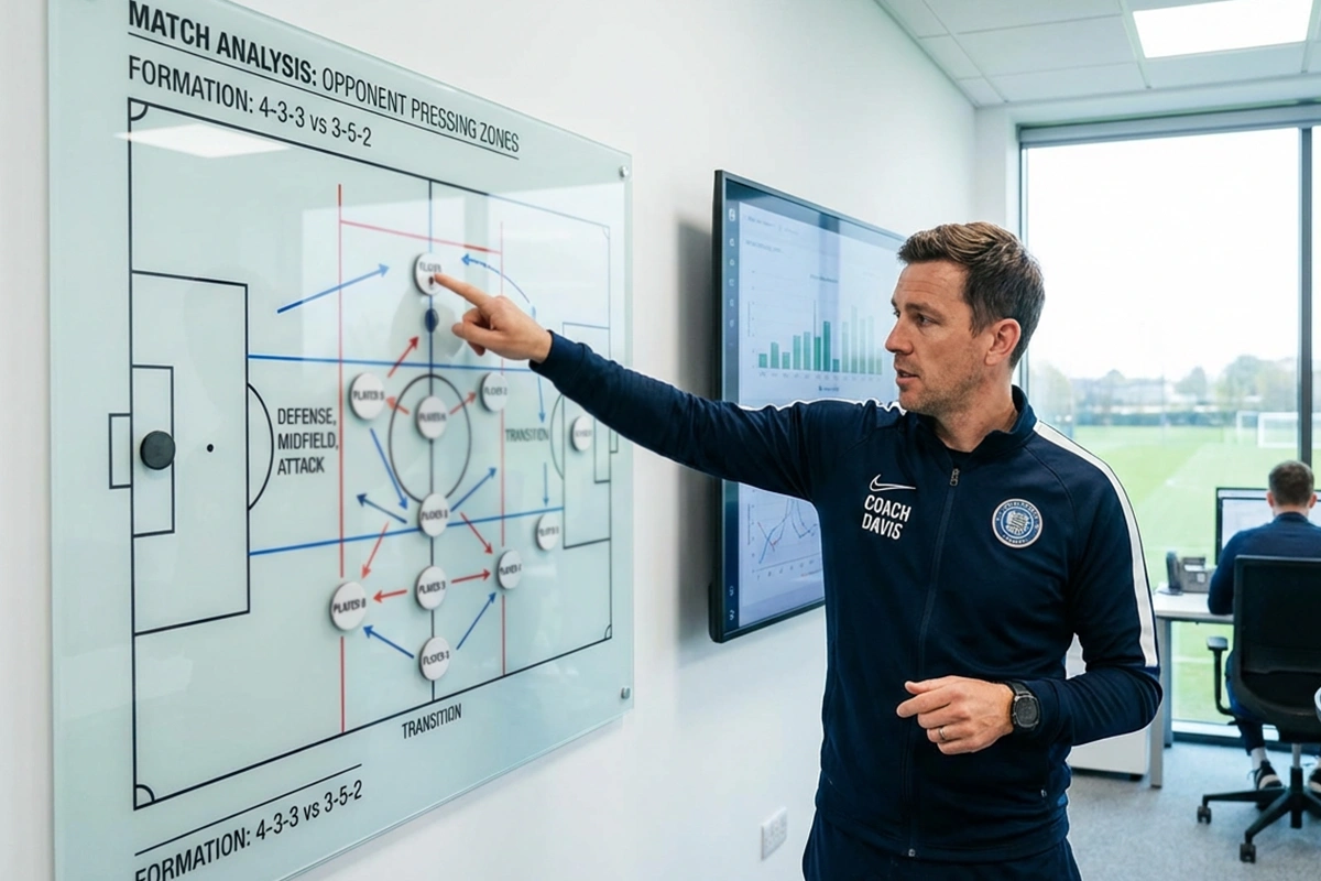 Trainer zeigt auf eine Taktiktafel mit Spielzügen und Analysen
