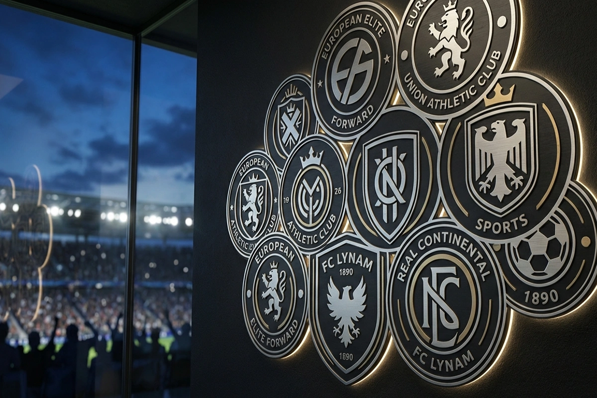 Collage mehrerer europäischer Topclub-Wappen nebeneinander auf dunklem Hintergrund
