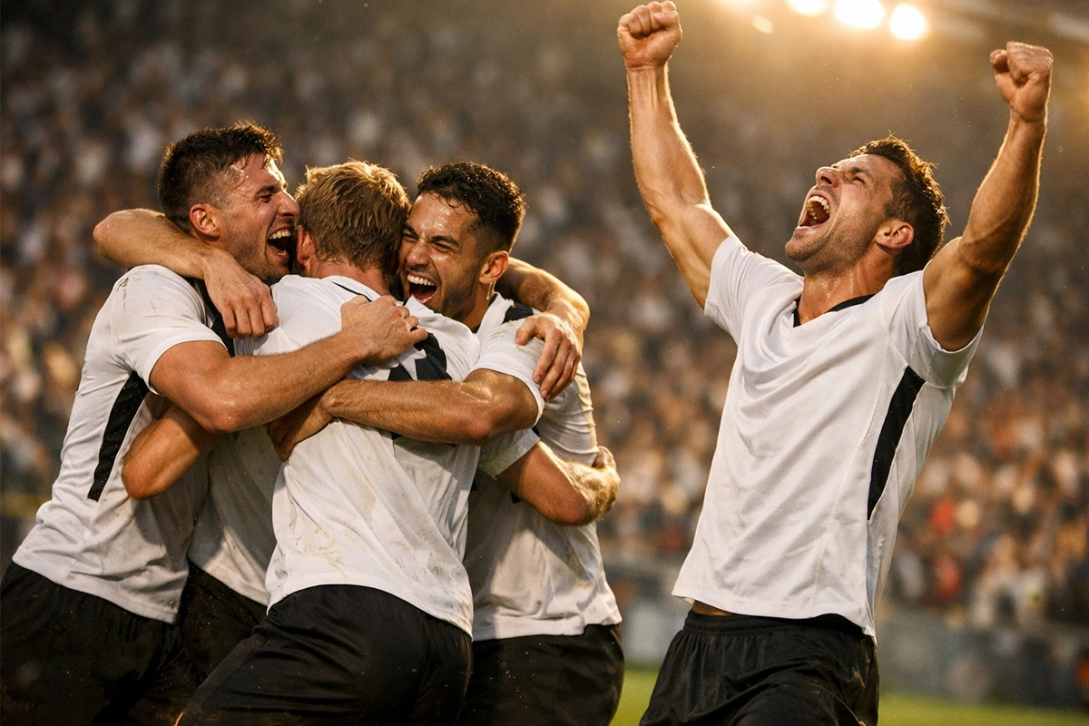 Fußballspieler feiern gemeinsam einen Treffer mit emotionalem Jubel